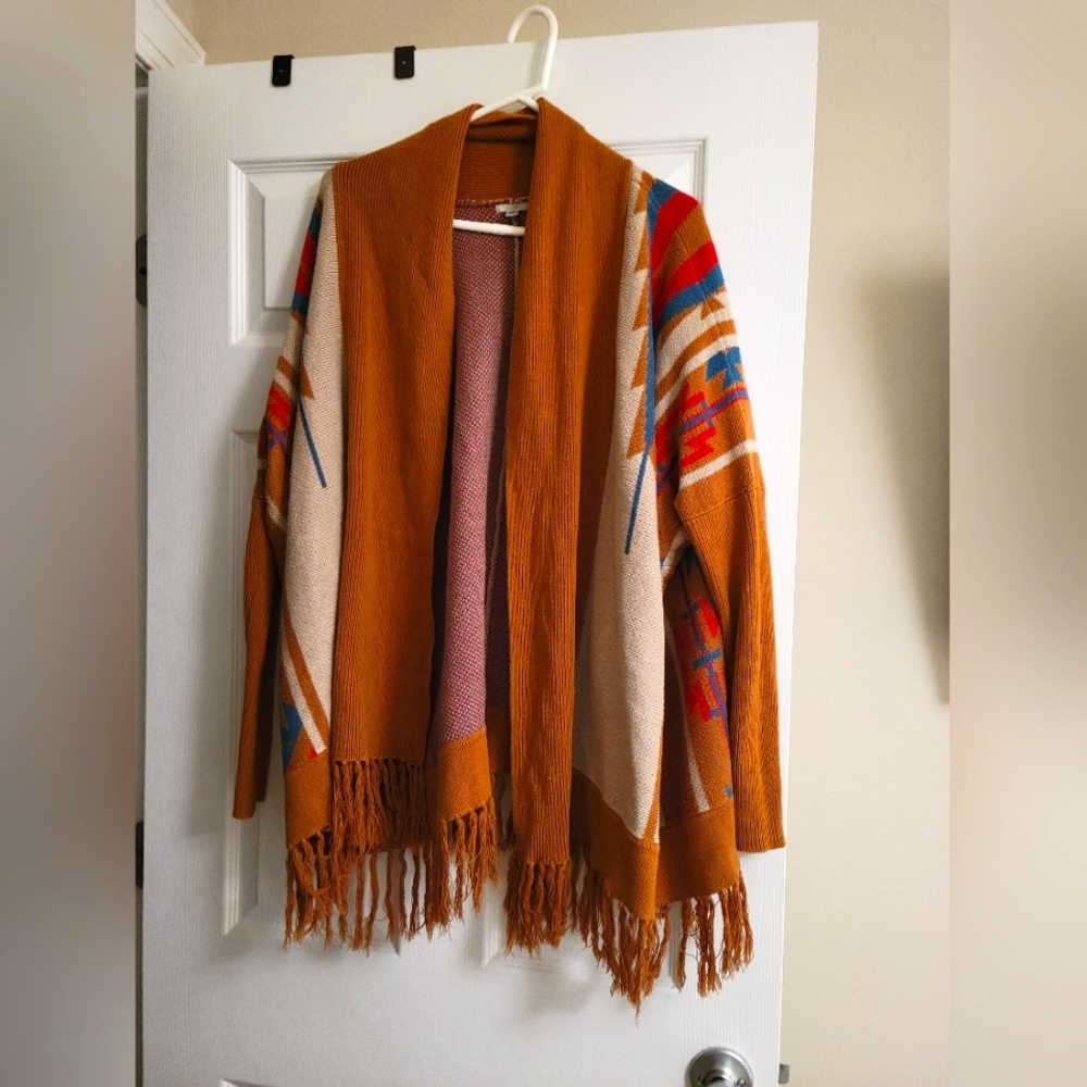 Hippie / Aztec Southwest / fringe / boho sweater size L